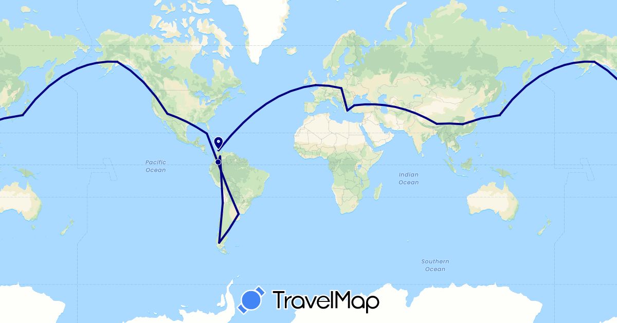 TravelMap itinerary: driving in Argentina, Chile, China, Colombia, Cuba, United Kingdom, Greece, Japan, Poland, Turkey, United States (Asia, Europe, North America, South America)